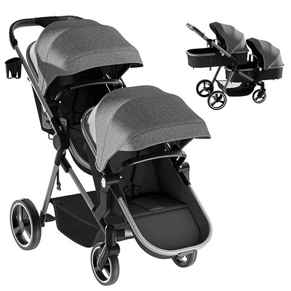 MU Foldable Double Twin Tandem Stroller with Bassinet