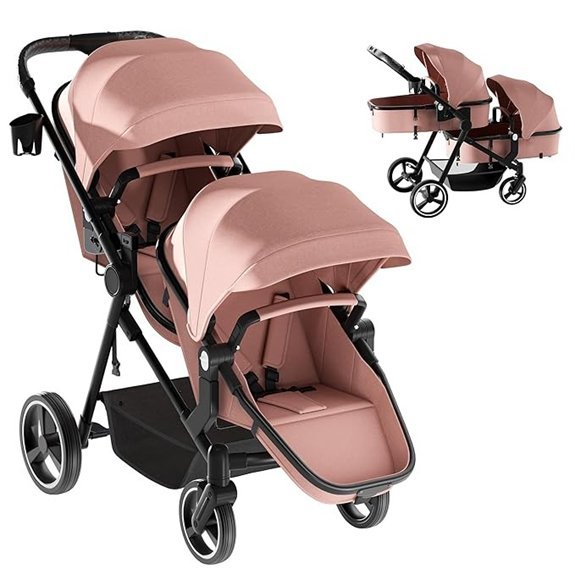 MU Double Foldable Twin Tandem Stroller with Bassinet